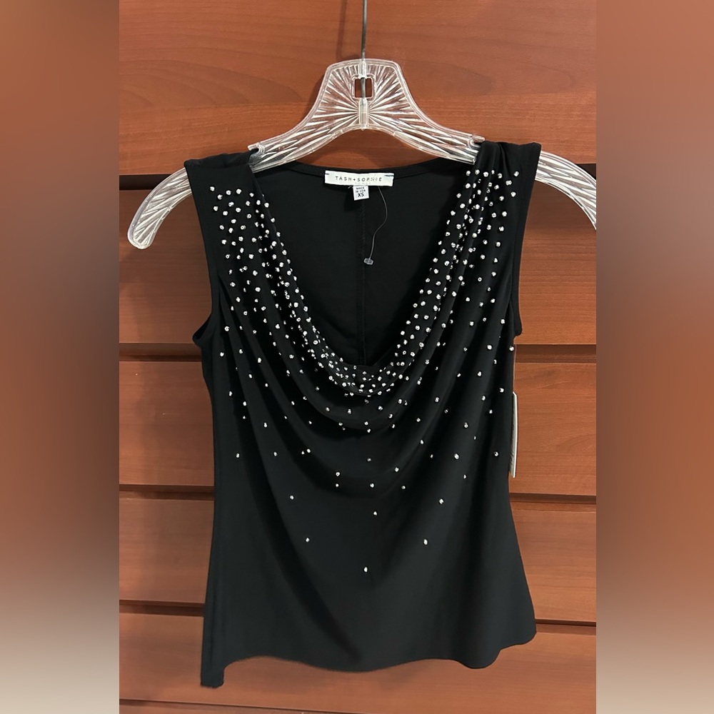 NWT TASH + SOPHIE Party Cocktail Blouse w Cowl Neck & Silver Gem Studs Size XS